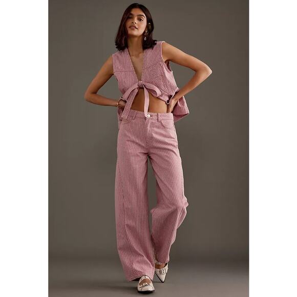 Damson Madder Dion High Rise Striped Wide Leg Barrel-Leg Pant Jeans Size US 12 - Picture 1 of 8
